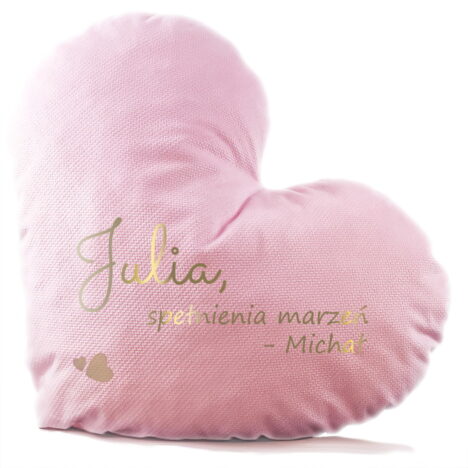 Różowo złota poduszka serce z imieniem Julia.