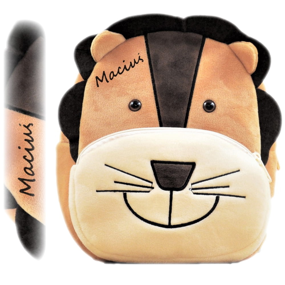 Pluszowy lew plecak z imieniem. Personalizowany prezent dla przedszkolaka.