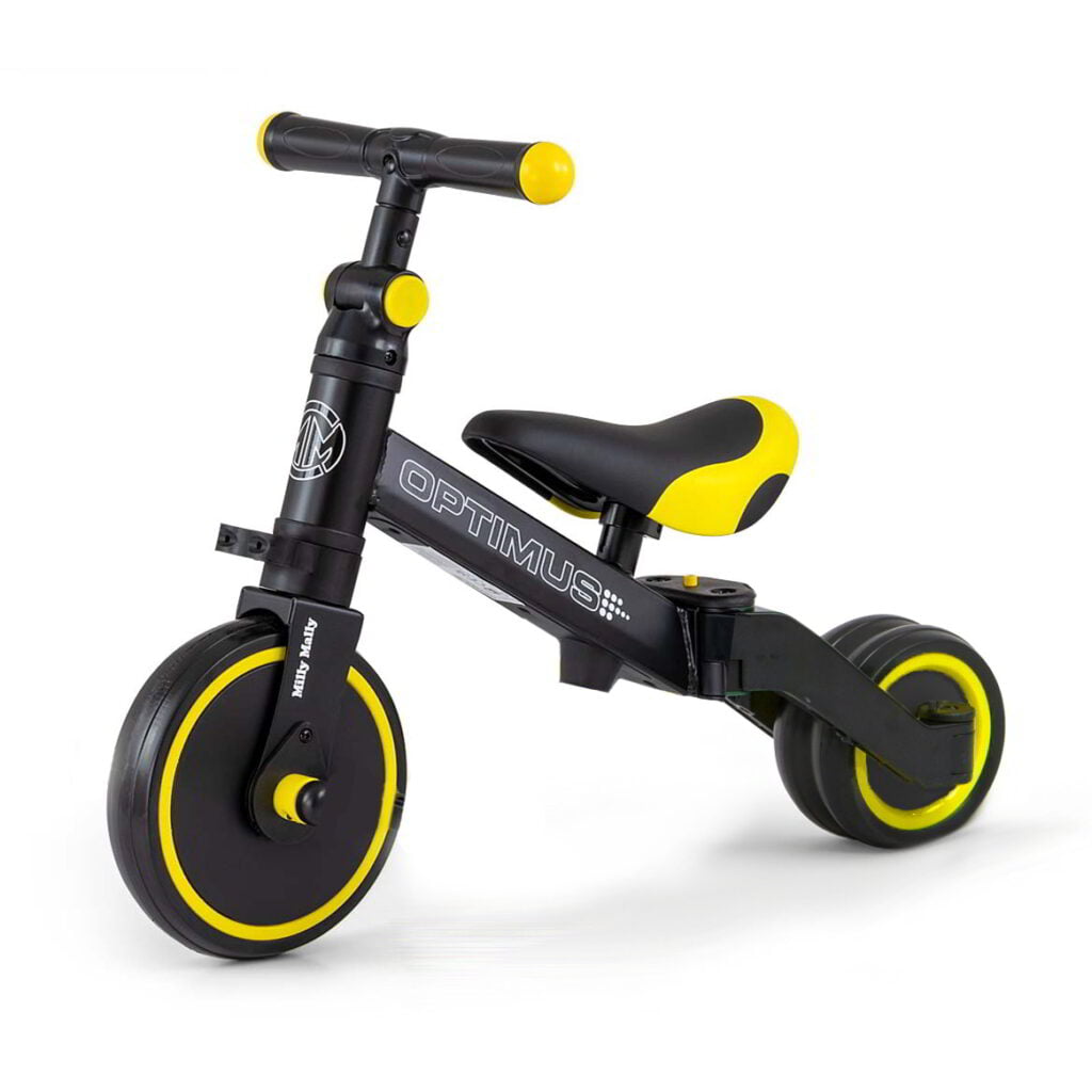 Czarny rowerek biegowy trójkołowy Optimus Milly Mally. Prezent na roczek dla chłopca.