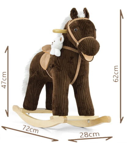 Brązowy konik na biegunach z misiem z imieniem.