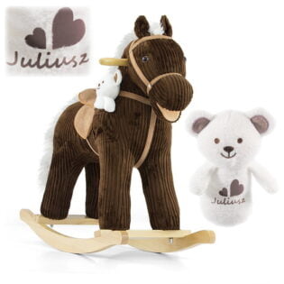 Brązowy konik na biegunach dla 3 latka. Przytulanka z imieniem dla noworodka w zestawie.
