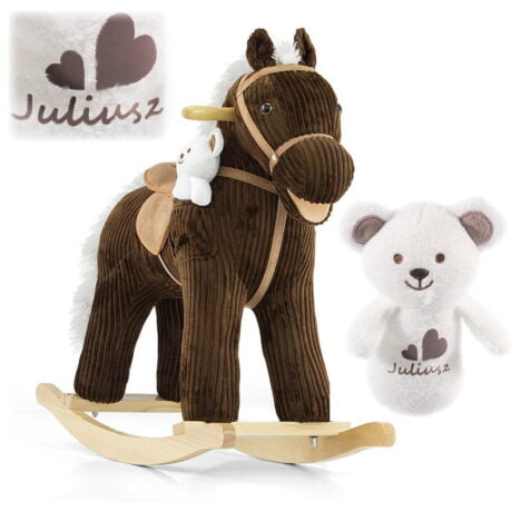 Brązowy konik na biegunach dla 3 latka. Przytulanka z imieniem dla noworodka w zestawie.