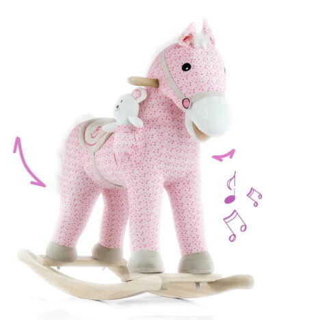 Różowy konik bujany rusza pyszczkiem i ogonem. Wydaje dźwięki. Prezent dla dziewczynki na 2 latka.