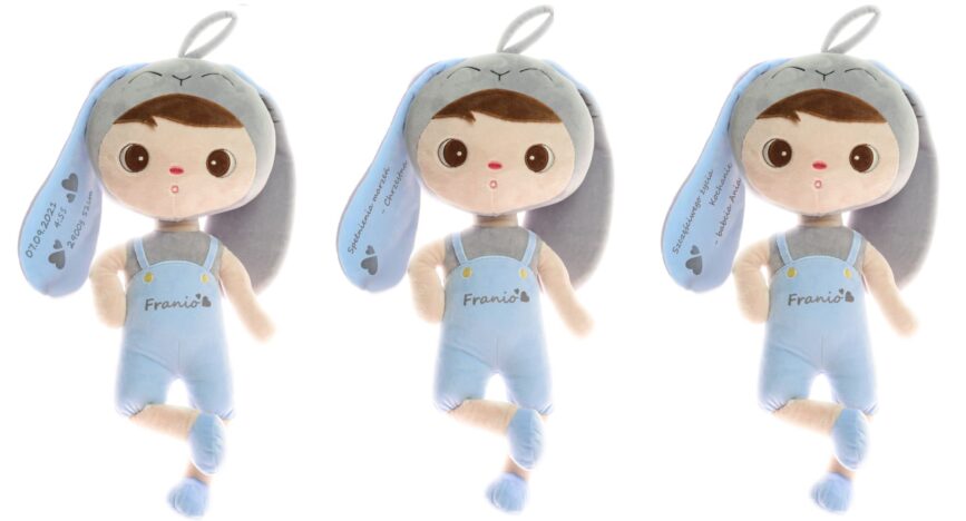 Lalka dla chłopca z imieniem. Królik Metoo z metryczką urodzenia.