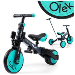 Personalizowany rowerek biegowy trójkołowy z rączką Milly Mally Optimus Plus turkusowy