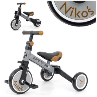 Szary rowerek trójkołowy Optimus z imieniem dziecka Milly Mally