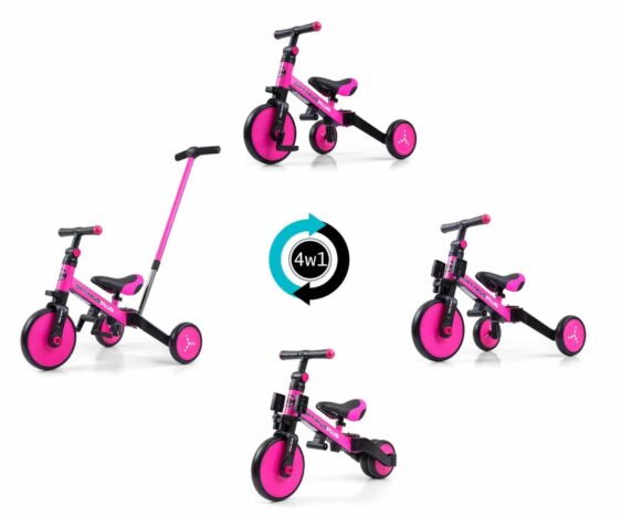 Rowerek trójkołowy biegowy jeździk z rączka Optimus Plus Pink 4w1