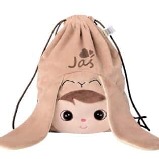 Worek Metoo dla przedszkolaka z imieniem dla chłopca z głową królika beżowego.