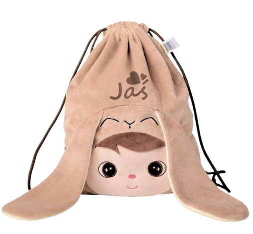 Worek Metoo dla przedszkolaka z imieniem dla chłopca z głową królika beżowego.