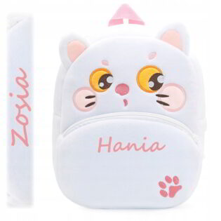 Pluszowy plecak biały kotek z imieniem dla dziewczynki