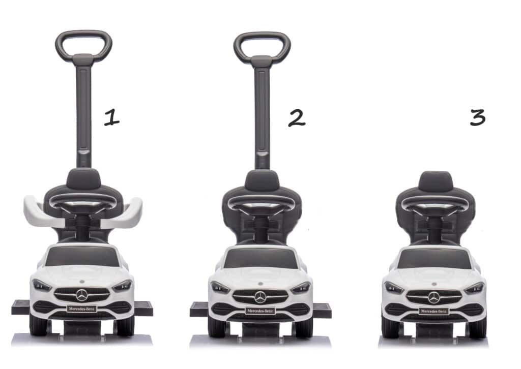 Biały jeździk marki Mercedes w 3 wariantach.