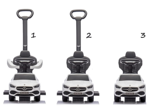 Biały jeździk marki Mercedes w 3 wariantach.