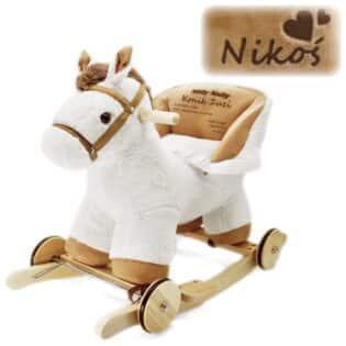 konik na biegunach z imieniem dziecka w kolorze białym i elementami brązowymi.