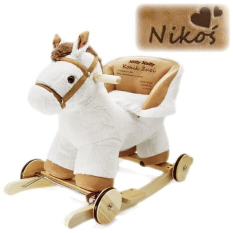 konik na biegunach z imieniem dziecka w kolorze białym i elementami brązowymi.